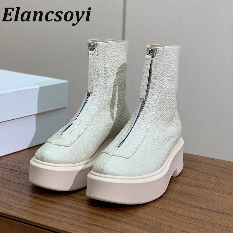 Leatherwork Designs - 2026年秋冬新作、女性用、丸い先芯、レザー素材、ジッパー付き、厚底、多機能、フラットソール、ショートブーツ。