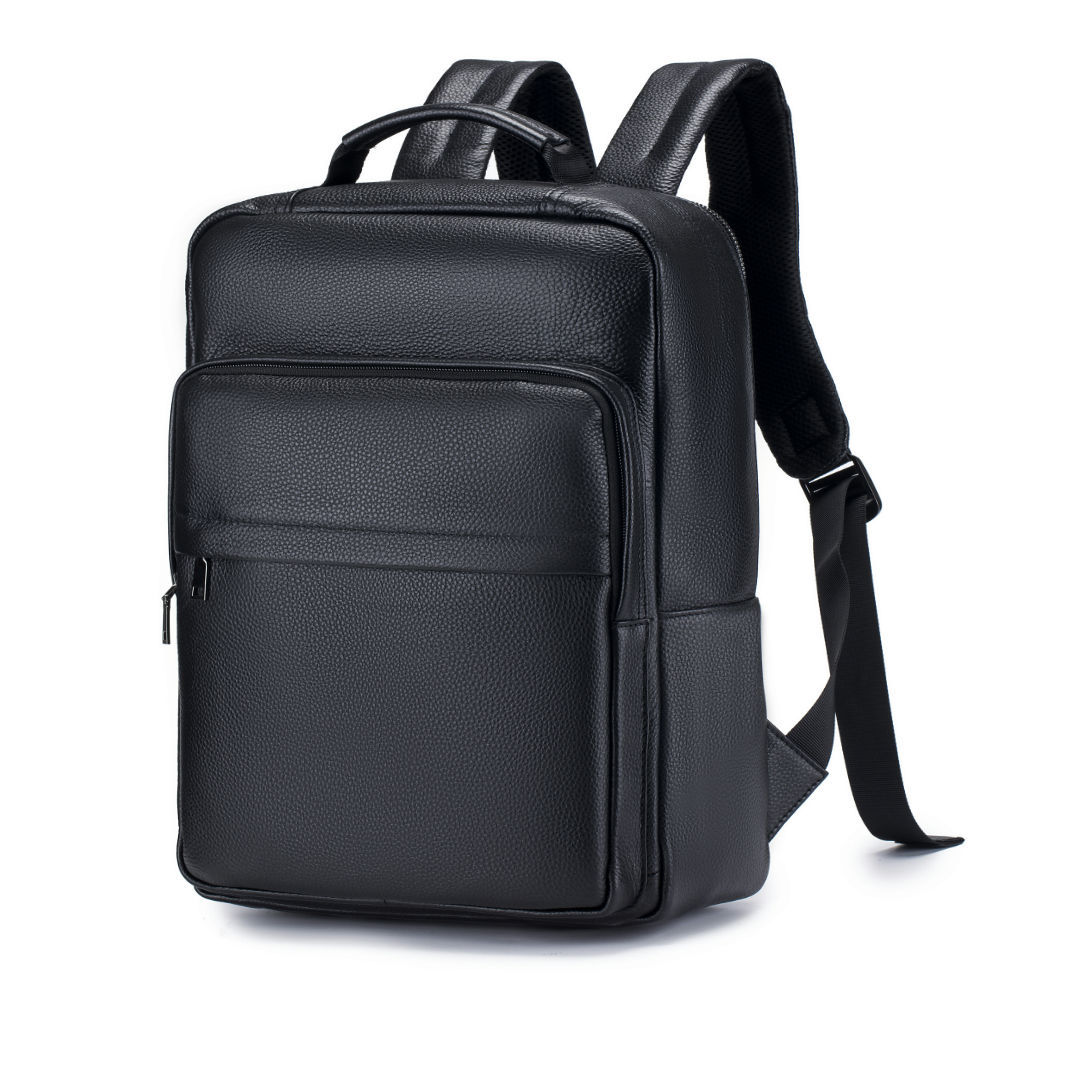 Leather Work Rucksack Mens - 男性用本革トラベルバックパック ブラック牛革製 ラップトップデイパック 多ポケットコンピューターリュックサック 仕事や日常使いに