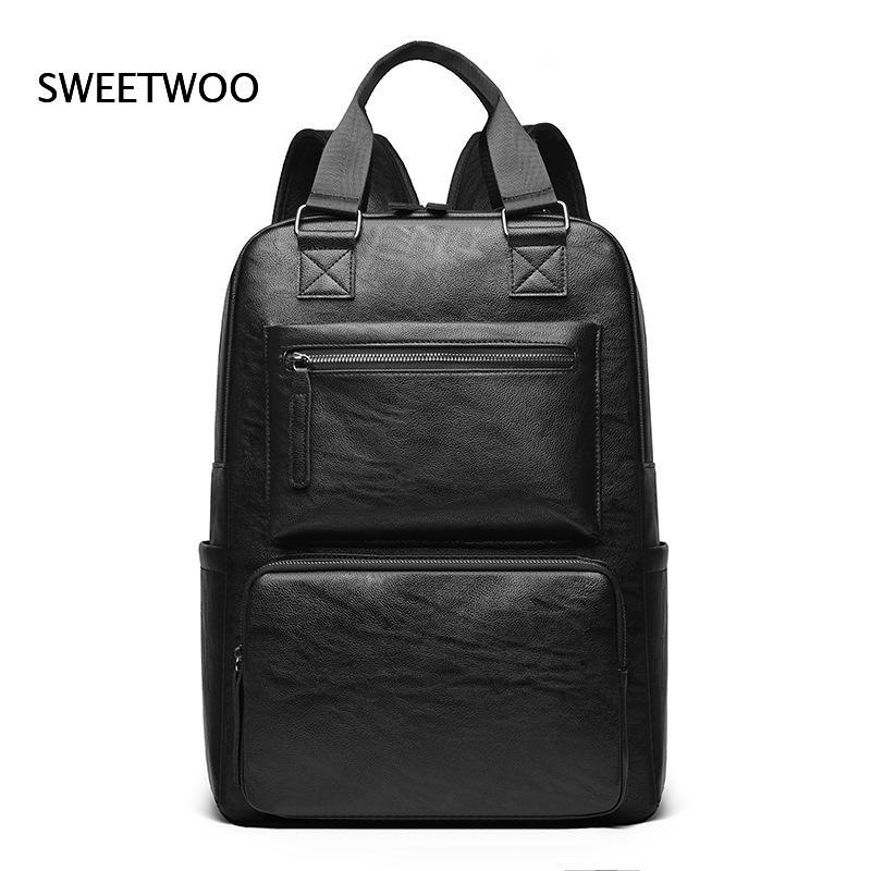 Leather Work Rucksack Mens - メンズ フェイクレザー ラップトップ バックパック デュアルトップハンドル 多数のジッパーポケット