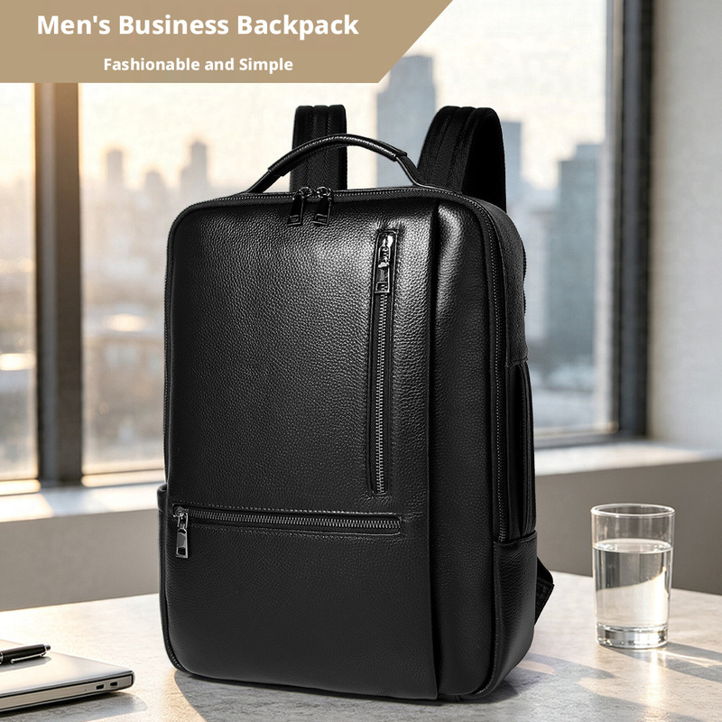 Leather Work Rucksack Mens - メンズ用、本物の黒革を使用したノートパソコン用バックパック。牛革製で、ビジネスシーンや通勤に最適。防水加工が施されており、仕事や旅行にも使える。