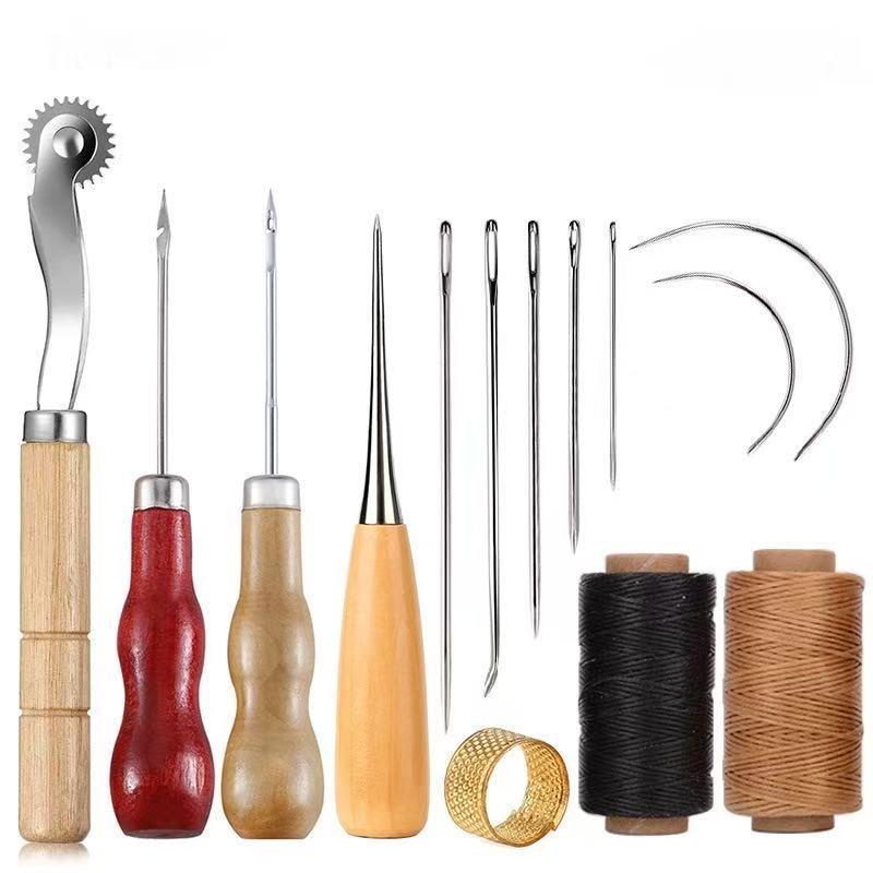 Groover Stitching Tool - 革縫製ツールキット 木製ハンドル付き針 穴あけ針 ワックス糸 縫い目加工器 指ぬき