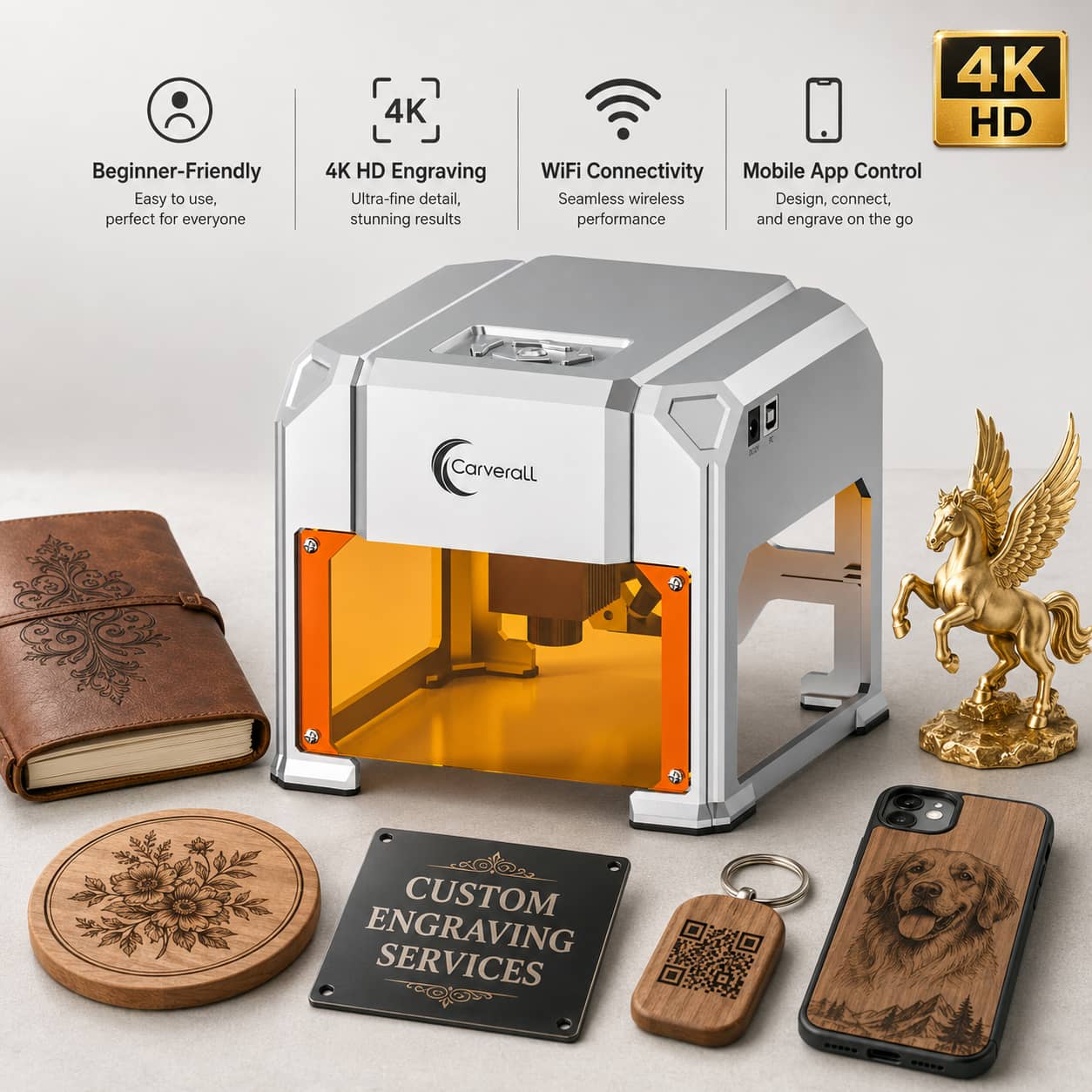 Leatherwork Machine - カバーラルレーザー彫刻機、K4 3W、A1 Pro 5W/10W、HDカメラポジショニング＆デュアルレーザーメタルカッター、WiFiアプリ制御、木製アクリル革DIYクラフト家庭用ワークショップ向け密閉型デスクトップ彫刻ツール