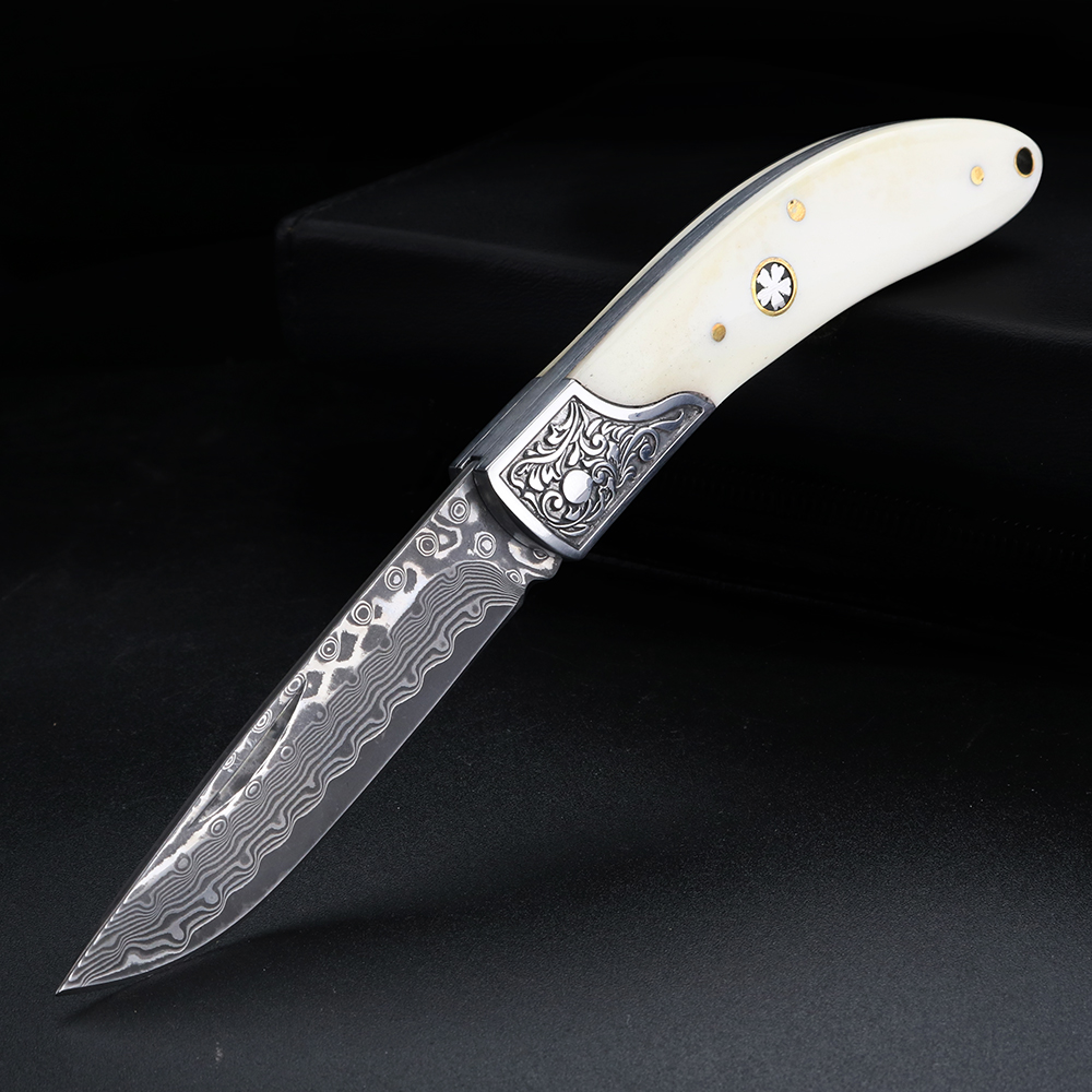 Bone Folder Tool - ブルボーンダマスカス鋼折りたたみナイフ、アウトドア高硬度ポケットナイフ、キャンプサバイバル多機能ポケットナイフ