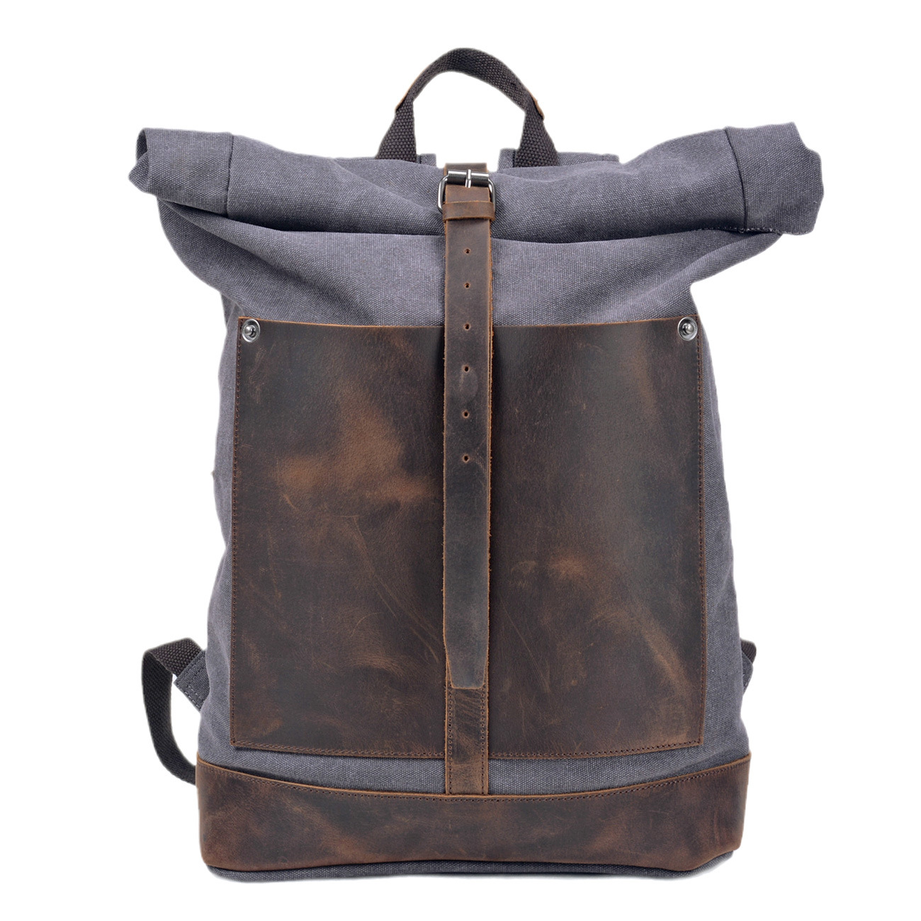 Leather Work Rucksack Mens - メンズワックスキャンバスロールトップリュックサック、本革アクセント、仕事、学校、短距離旅行用のカジュアルヴィンテージバックパック