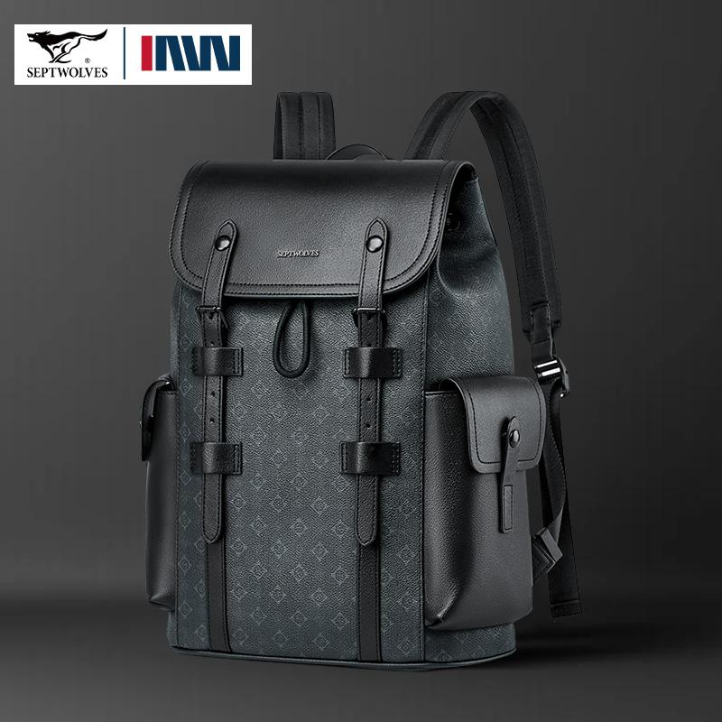Leather Work Rucksack Mens - Septwolves 高品質ビジネスプリントレザーバックパック男デザイナー巾着フリップモノグラムラップトップバッグプリントワークリュックサック