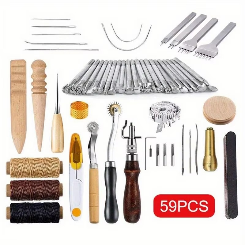 59点セットの革細工用工具セット。手縫い、ステッチ、スタンピ - Groover Stitching Tool のレビューと価格