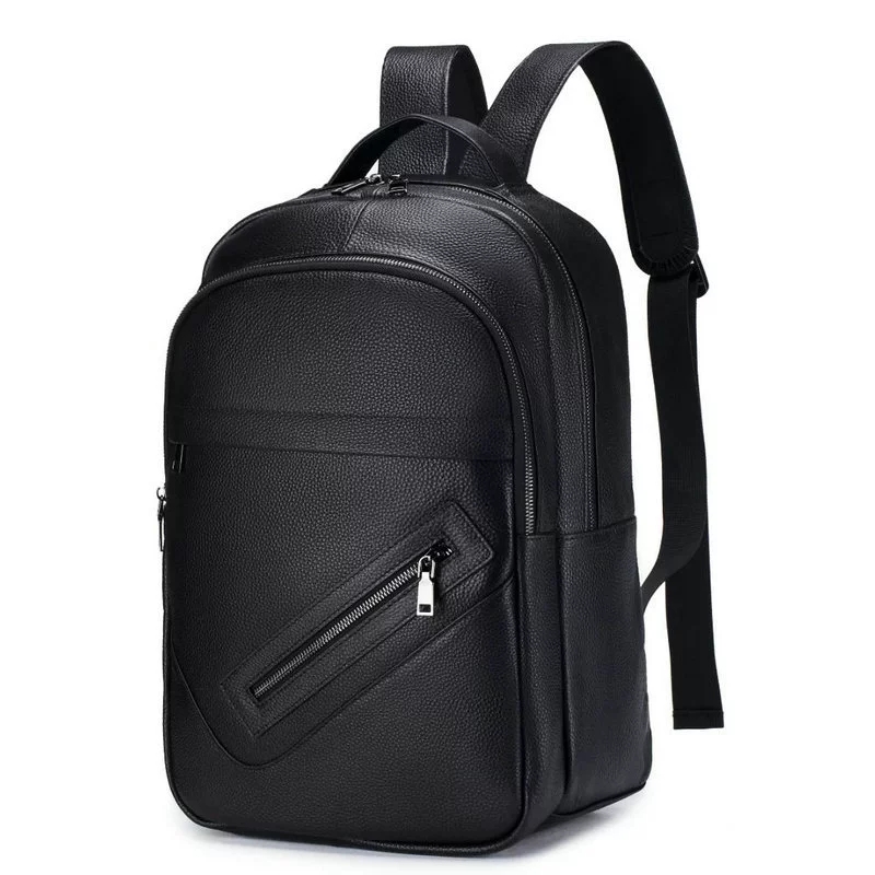 黒の本革製ラップトップバックパック、男性用マルチジッパーポケ - Leather Work Rucksack Mens のレビューと価格