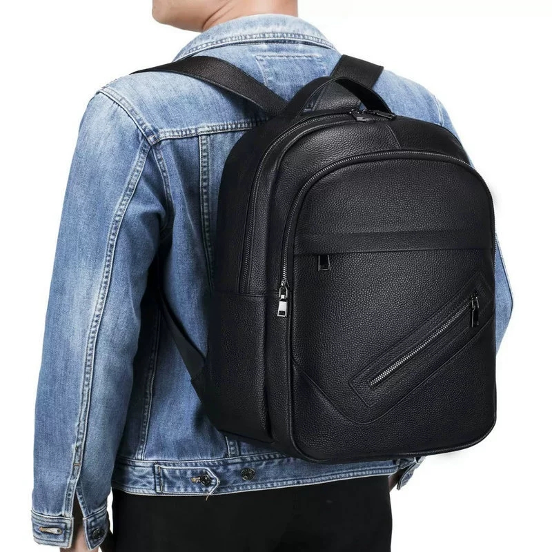 黒の本革製ラップトップバックパック、男性用マルチジッパーポケ - Leather Work Rucksack Mens のレビューと価格