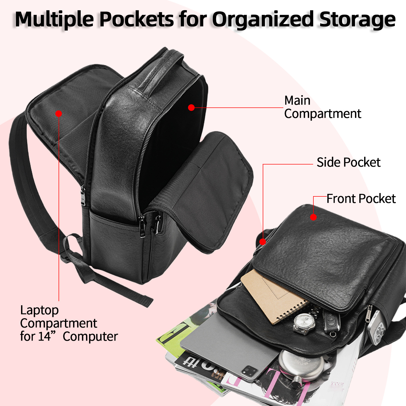 男性用ブラック本革バックパック 14インチのラップトップ用  - Leather Work Rucksack Mens のレビューと価格